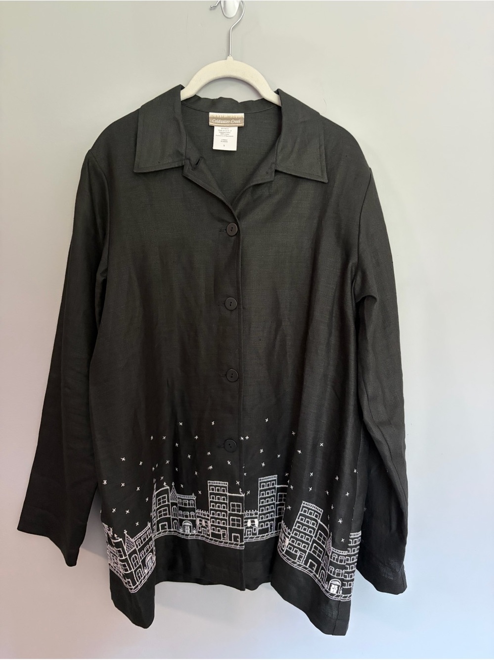 100% Linen Coldwater Creek Button Up Top Womens Size S Black Cityscape USA Made